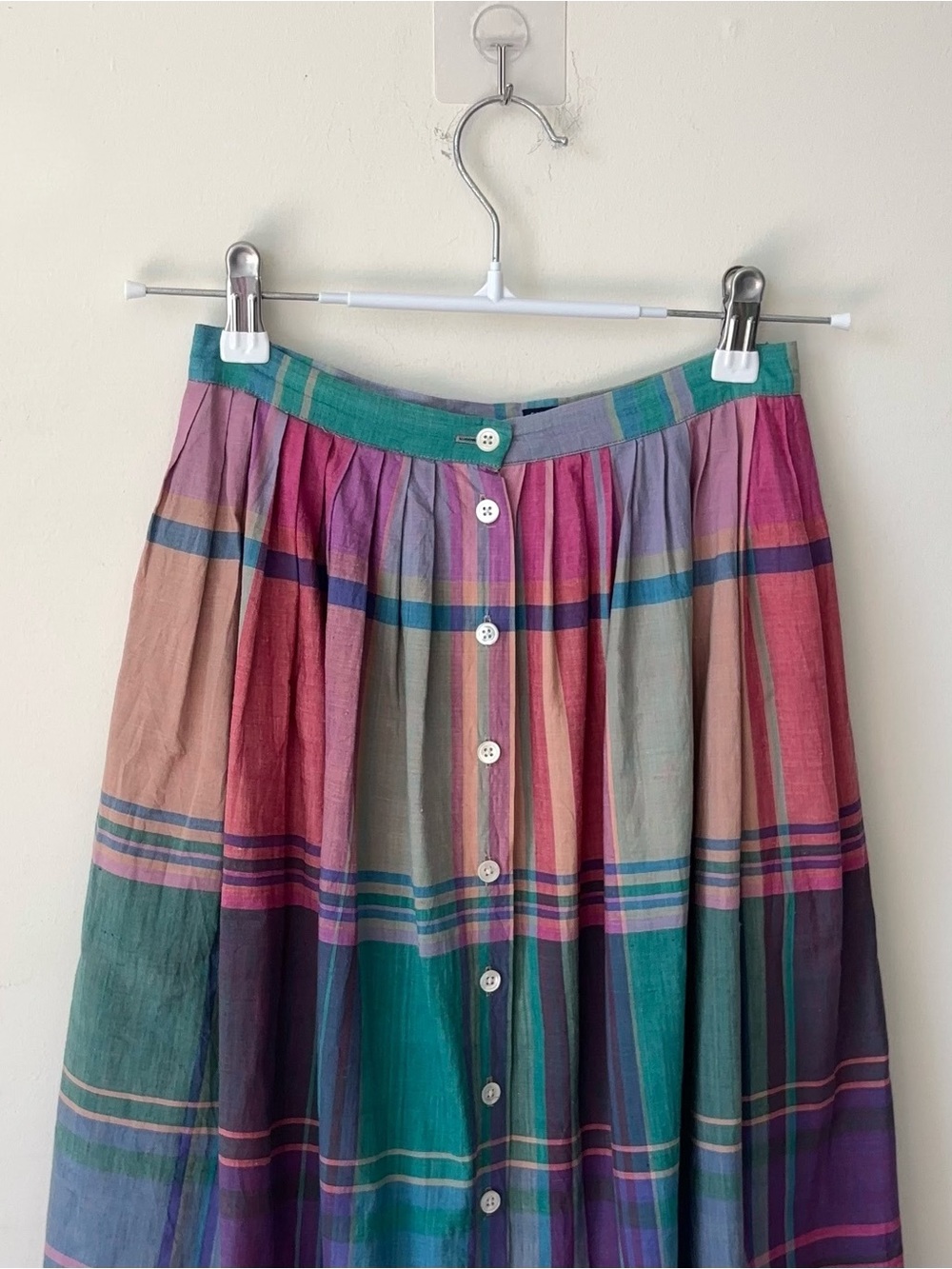 Ralph Lauren Madras Plaid Midi Skirt Sz 4 Hand Woven Rainbow 80s Blue Label - Picture 5 of 15